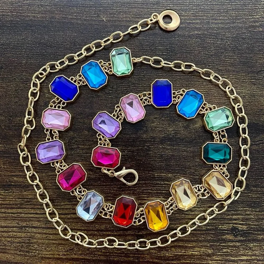 Gold Y2K Rainbow Jewel Waist Chain Belt, Fits 18-37 Inches, X7GA1292